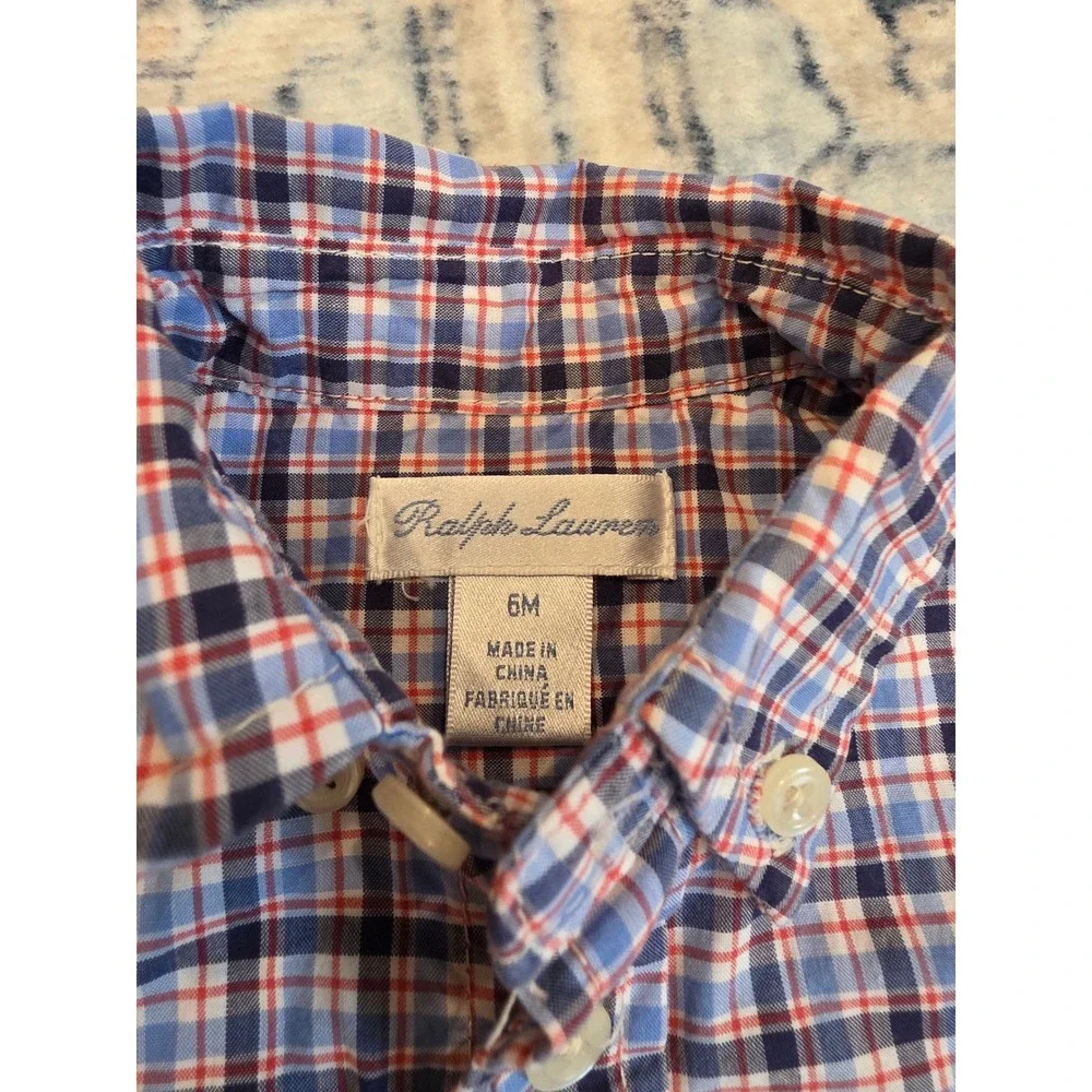 Ralph Lauren Size 6 month Classic Fit Long Sleeve Red Blue And White Plaid Shirt
